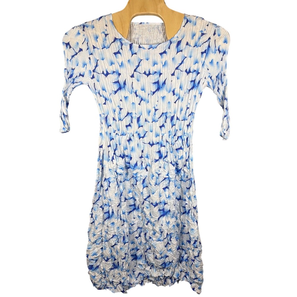 Blue White Abstract Popcorn Crinkle Pleated Short Sleeve Mini Dress